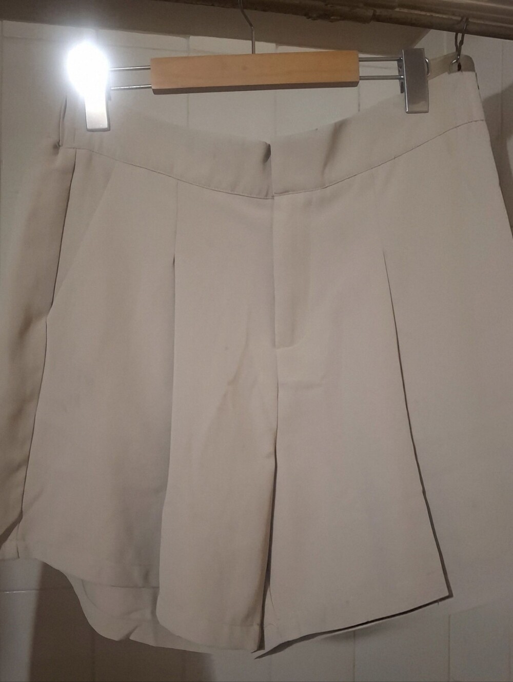 Women's Cream Color Pleated & High-Waisted Shorts